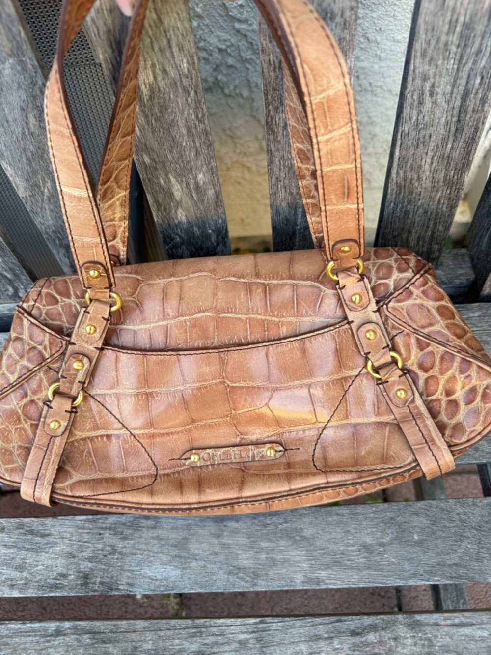 Cute Brown Croc-Embossed Leather Shoulder Bag hand bag y2k vintage purse
